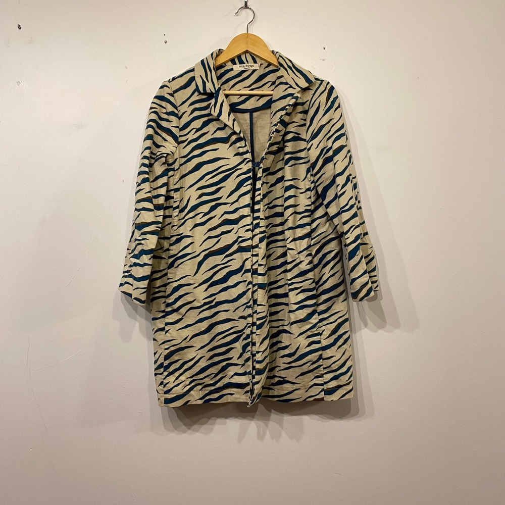 Nice Things Paloma S Tiger Stripe Linen Blend Coat Blue Brown Beige Size 38 6